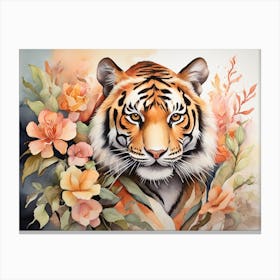 Watercolor Tiger With Flowers Art Canvas Print