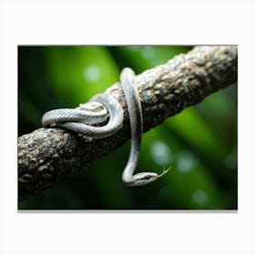 Baby Snake Appearing Startled Coiled Mid Twist Around A Gnarled Branch Intense Focus On The Sharp Canvas Print