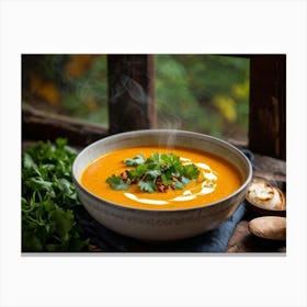 Autumn Pumpkin Curry Soup Steaming In An Earthenware Bowl Vibrant Orange Against Dark Green Lettuc (3) Canvas Print