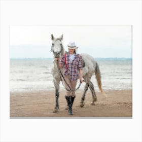Girl Walking With Horse On A Beach Oil Painting Landscape Canvas Print