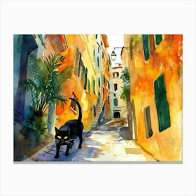 Cannes, France   Cat In Street Art Watercolour Painting 3 Canvas Print