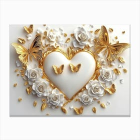 3d White Background and Gold Roses, Butterflies, Heart Shape Canvas Print