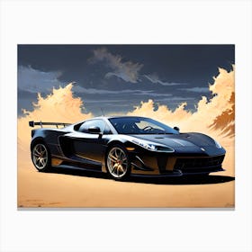 Black Sports Car On The Beach Canvas Print