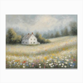 Neutral Tones Country Farmhouse Print in a Wildflowers Meadow on a Misty Day - Oil Painting Little Ranch Cottage in a Vast Open Field for Cream Beige Feature Wall in HD Canvas Print