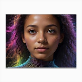 A Portrait Of A Young Woman With Long, Colorful Hair, Her Face Is Surrounded By A Glowing, Digital Grid Pattern, Creating A Futuristic Or Ethereal Effect Canvas Print