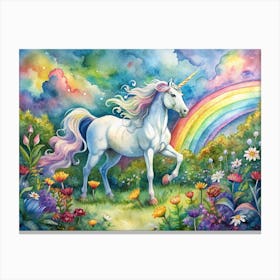 Watercolor Painting Of A Unicorn Running Through A Field Of Flowers Under A Rainbow Canvas Print