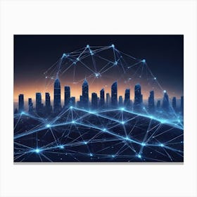 Abstract Image Of A Glowing, Blue Network Over A Cityscape Silhouette Canvas Print