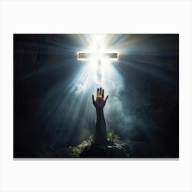 An Ultra Realistic Depiction Of A Hand Raised In A Gesture Of Prayer Emerging From Darkness Into A (6) Canvas Print