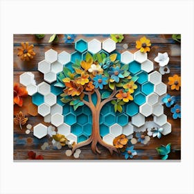 Vibrant With a Whimsical Tree, White Lattice Tiles and Colorful Hexagons Canvas Print