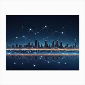 An Abstract Image Of A City Skyline With A Network Of Glowing Lines Connecting The Buildings, Resembling A Digital Network Or A Futuristic City Canvas Print