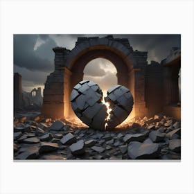 A Broken, White Heart With A Glowing Light Emanating From Its Center, Set Against A Backdrop Of Crumbling Ruins, Symbolizing Hope And Resilience Canvas Print