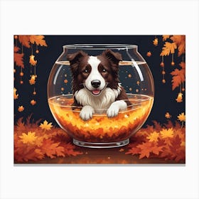 Border Collie Dog Sitting In A Giant Fishbowl On Top Of Autumn Leaves Canvas Print