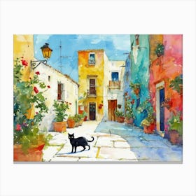 Black Cat In Brindisi, Italy, Street Art Watercolour Painting 3 Canvas Print