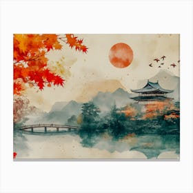 Serenity in the Autumn Temple -#JapaneseArt #WatercolorScenery #AutumnTemple #PeacefulNature #CulturalArt #MistyMountains #SunsetGlow #OrientalBeauty #TranquilVibes #FyArt Canvas Print