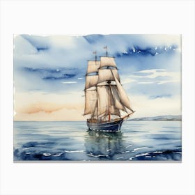 Sailing ship on the sea, watercolor painting Canvas Print