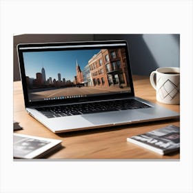 A Photo Of A Laptop With A City Skyline View On The Screen, Resting On A Wooden Desk With Two Cups Of Coffee And Photo Books Nearby Canvas Print