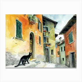 Black Cat In Como, Italy, Street Art Watercolour Painting 4 Canvas Print