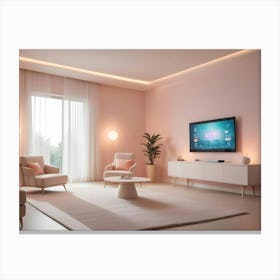 A Living Room With Pink Walls, White Furniture, Two Pink Armchairs, And A Large Screen Tv Displaying A Smart Home Interface Canvas Print