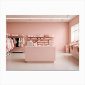 A Pink Colored Shop Interior With Clothing Racks, Shelves, And A Counter Canvas Print