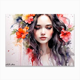 Beauty Look Down Flower Hair -Masterpiece Water Color Wash Painting Canvas Print