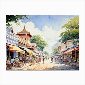 A Young Adventurer Meanders Through The Bustling Streets Of A Summer Town In Thailand Pastel Colore (7) Canvas Print