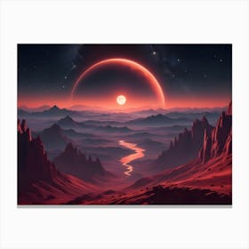 A Red Rocky Landscape With A River And A Large, Glowing Red Ring In The Sky With A Smaller Sun Behind It Canvas Print