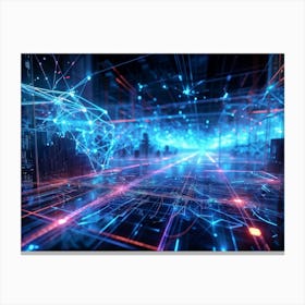 Digital Network Future Forward Wireframe Design Nodes And Links Glowing In Neon Cyberspace Transm Canvas Print