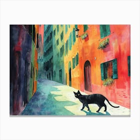 Black Cat In Milano, Italy, Street Art Watercolour Painting 4 Canvas Print