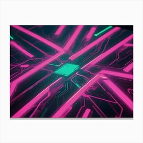 Abstract Image Of A Futuristic Circuit Board With Glowing Pink Lines And A Green Central Element, Creating A Sense Of Technology And Innovation Canvas Print