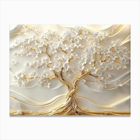 3d Golden Tree Life with White Flowers 1 Canvas Print