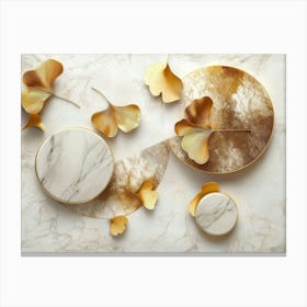 3d Geometric Circles and Marble Shapes in Gold White and Brown Accented Canvas Print