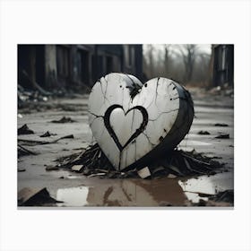 A Large, Cracked Heart Sculpture Made Of Concrete Is Placed In The Middle Of A Debris Filled Street Canvas Print