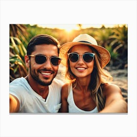 Happy Couple Taking Selfie At The Beach Canvas Print