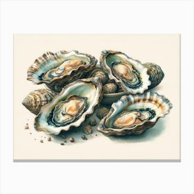 Intricacies Of Coastal Elegance Featuring Oysters On The Half-Shell Still Life Illustration Canvas Print