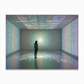 A Person Stands In A White Room, Surrounded By Screens Displaying A Burst Of Colorful, Abstract Data Visualizations Canvas Print