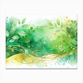 Watercolor Floral Background With Green Leaves And Gold Lines Canvas Print