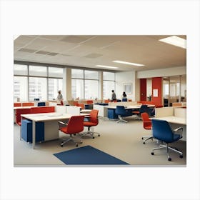 A Modern Office Space With Open Plan Design, Featuring Red And Blue Chairs And Desks, Creating A Bright And Vibrant Atmosphere Canvas Print