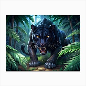 Black Panther Roaring In A Jungle Setting Canvas Print