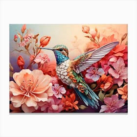 Hummingbird With Flowers Paintings Art Print Canvas Print