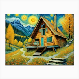 Van Gogh S Style A Frame Cabin In The Swiss Alps Canvas Print