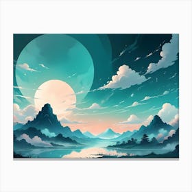 A Whimsical, Digital Illustration Of A Landscape With A Large, Full Moon, Mountains, A Lake, And Trees, Creating A Serene And Dreamy Atmosphere Canvas Print