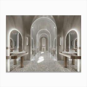 A Double Bathroom Designed In The Style Of Zaha Hadid With Two Tall Arched Mirrors And One Wall Unit, In The Interior Of An Art Deco Style Hotel Lobby With Light Grey Walls And A Black And White Patterned Tile Floor Canvas Print