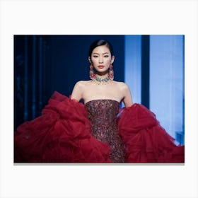 Asian Woman Posing Effortlessly In Haute Couture High Fashion Runway Walk Lavish Fabrics Cascading (4) Canvas Print