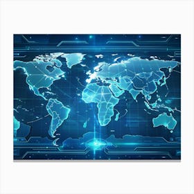 A World Map On A Futuristic Blue Digital Interface Canvas Print