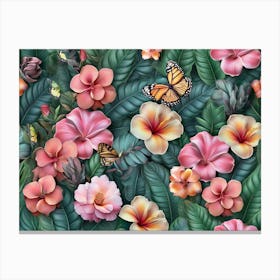 Floral Seamless Pattern With Tropical Flowers Bouquets, Plumeria, Protea, Hibiscus, Glasswinged Butterflies, Fresh Foliage, Exotic Canvas Print