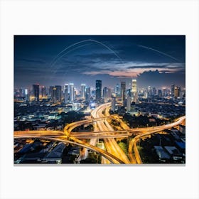 Aerial View Of Bangkok At Night Showcasing The Metropolitan District Interwoven With A Complex Tele (4) Canvas Print