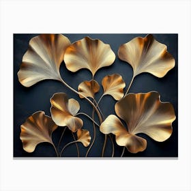 Refined 3d Floral Art with Golden Ginkgo Biloba Leaves on Dark Background 2 Canvas Print