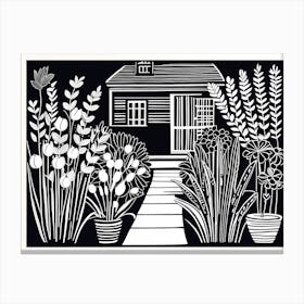 Beautiful Garden Linocut Black And White Painting 2 Canvas Print