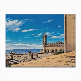 Palazzo dei Consoli (Palace of the Consuls) in Gubbio. A beautifully preserved medieval-style building with intricate stonework and arched windows under a vibrant blue sky. Its towering presence, complete with a clock tower, dominates a sunlit square where visitors stroll and admire the architecture. The scene captures the charm and history of a European town center. Canvas Print