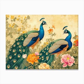 Floral Animal Illustration Peacock 4 Canvas Print